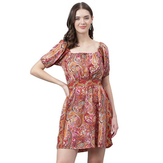 Women's Orange & Pink Paisley Mini Dress – Tie-Up Back, Boho Summer Casual Dress
