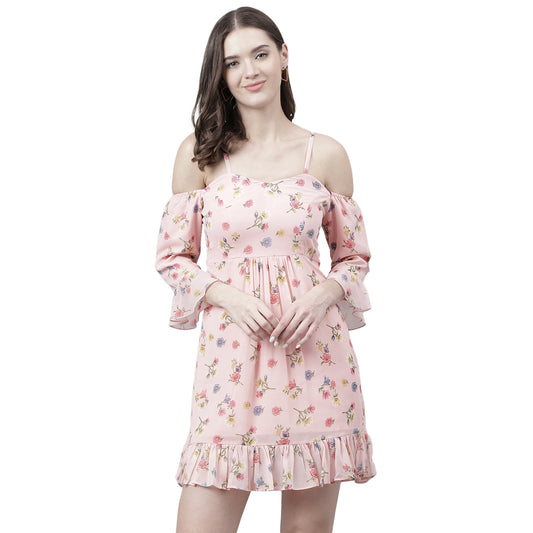 Women's Pink Floral Cold Shoulder Mini Dress – Ruffled Hem, Summer Casual Style