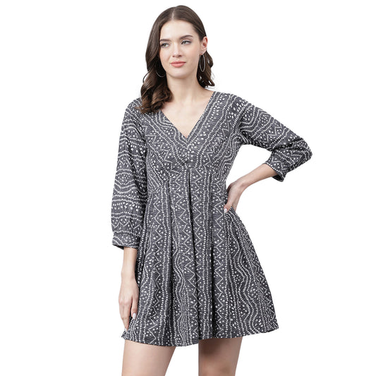 Women's Grey & White Geometric Print Mini Dress – Tie-Up Back, Casual Summer Dress