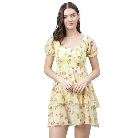 Women's Yellow Floral Tiered Mini Dress – Puff Sleeves, Summer Casual A-Line Dress
