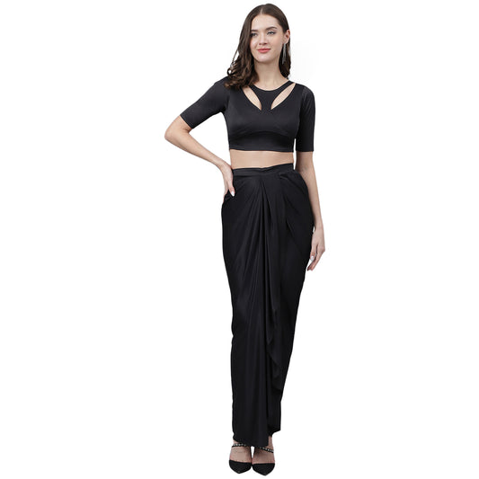 Trymisfit Women's Black Cord Cotton Blend Saree Drape Co-ord Set – Halter Crop Top & Drawstring Skirt | Modern Indo-Western Festive Wear