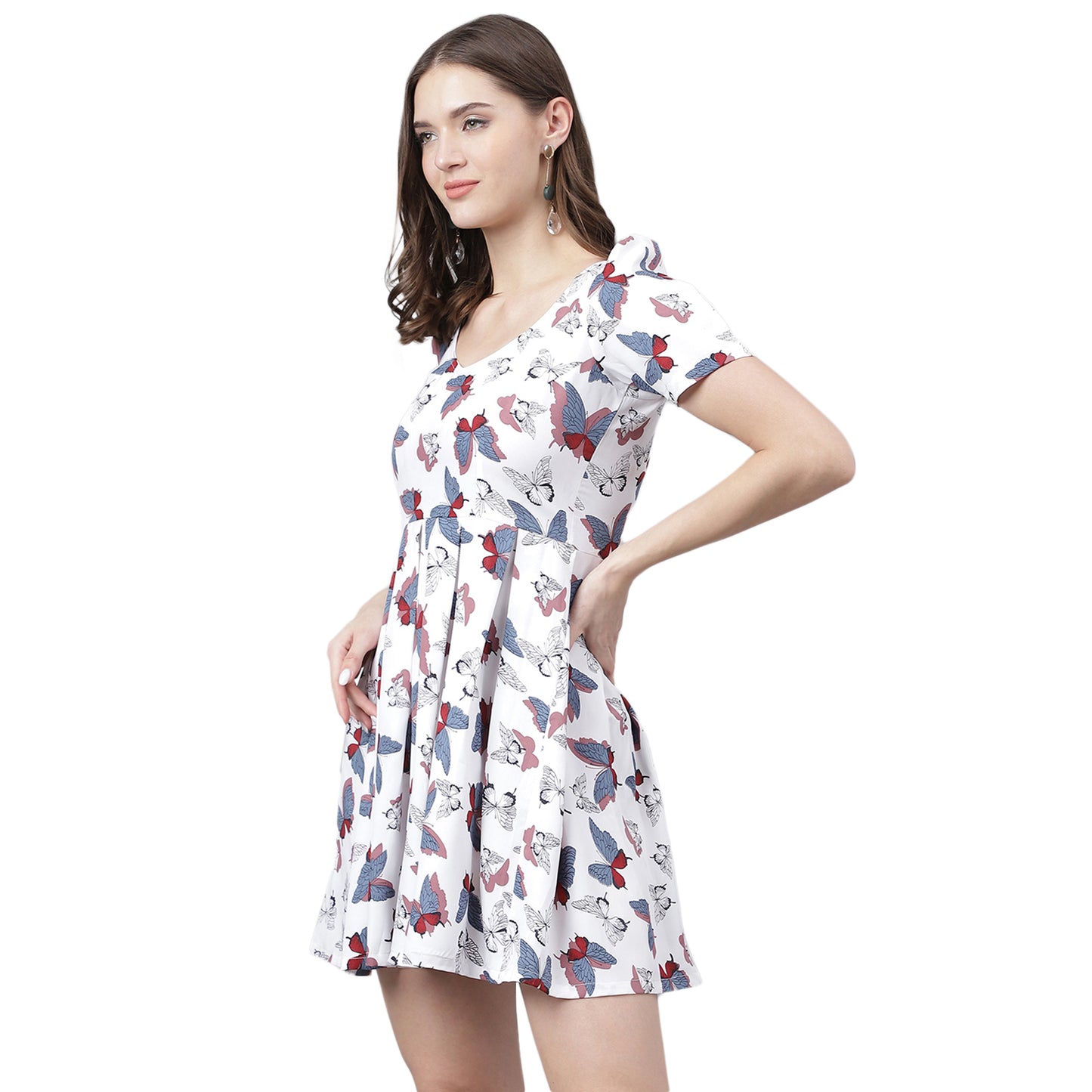 Women's White Butterfly Print Mini Dress – Fit and Flare, Puff Sleeves, Summer Casual Dress