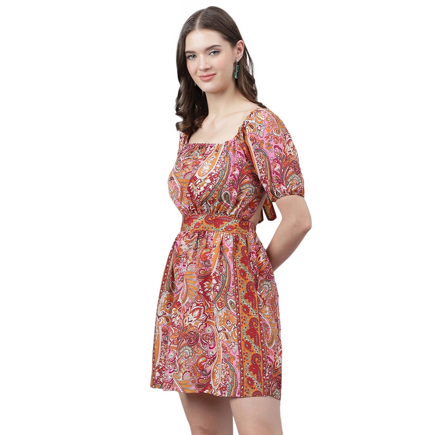 Women's Orange & Pink Paisley Mini Dress – Tie-Up Back, Boho Summer Casual Dress