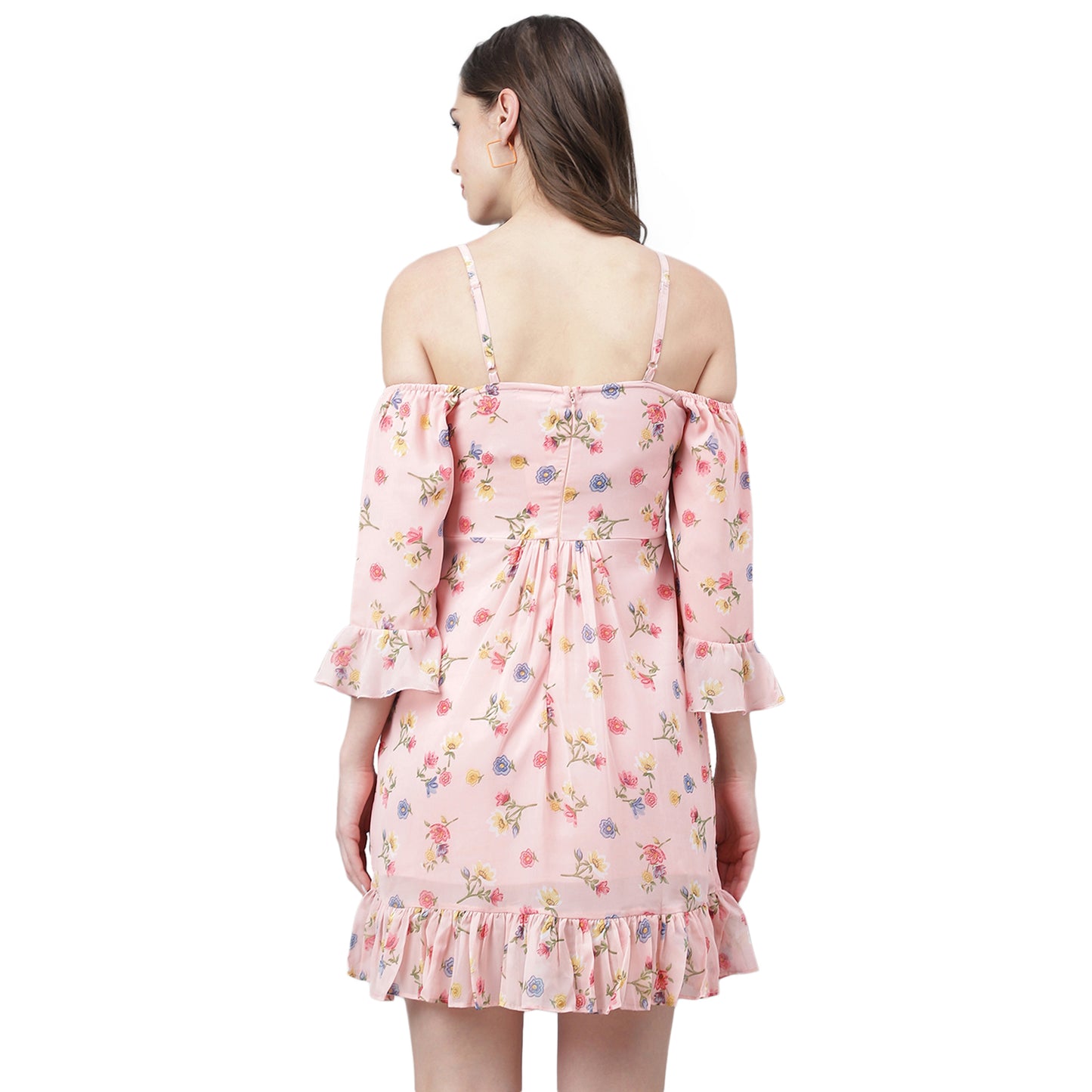Women's Pink Floral Cold Shoulder Mini Dress – Ruffled Hem, Summer Casual Style