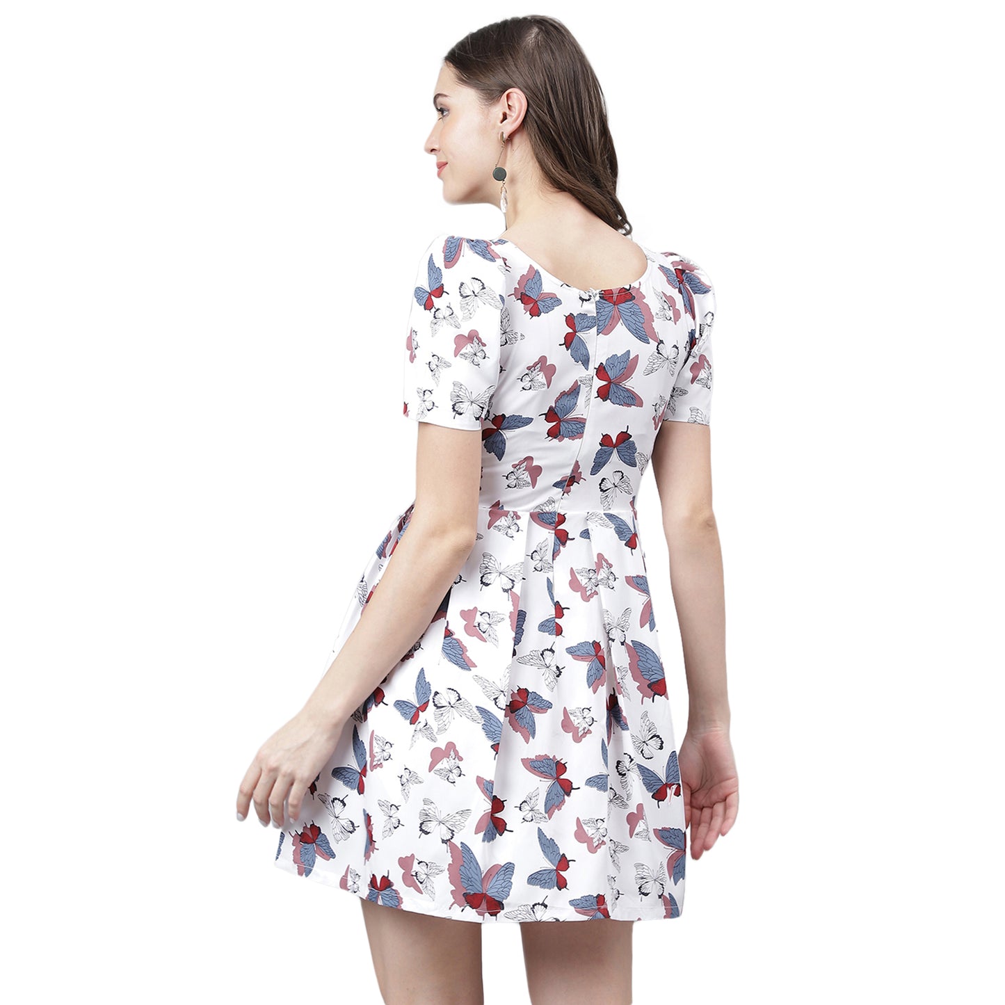 Women's White Butterfly Print Mini Dress – Fit and Flare, Puff Sleeves, Summer Casual Dress