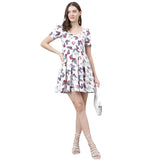 Women's White Butterfly Print Mini Dress – Fit and Flare, Puff Sleeves, Summer Casual Dress
