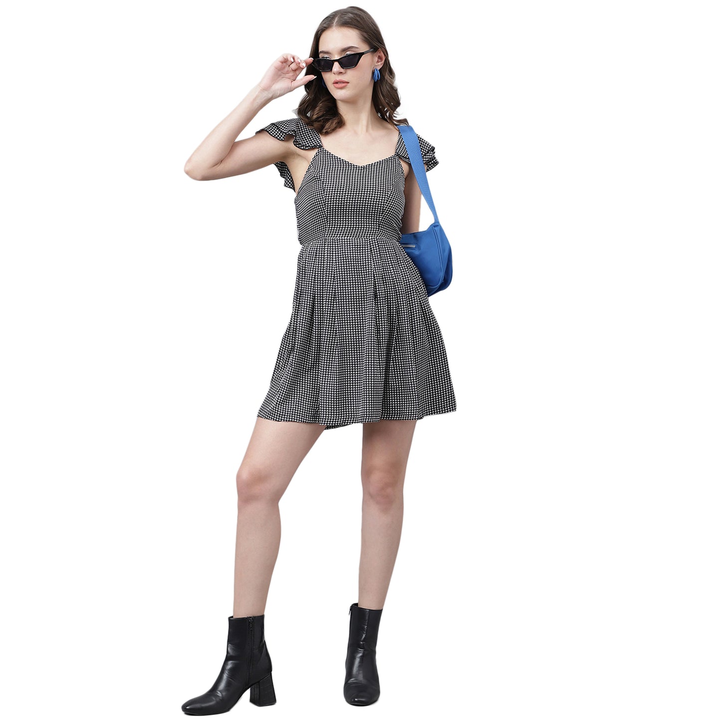 Women’s Black & White Houndstooth Mini Dress – Ruffled Sleeves, Chic Casual Dress
