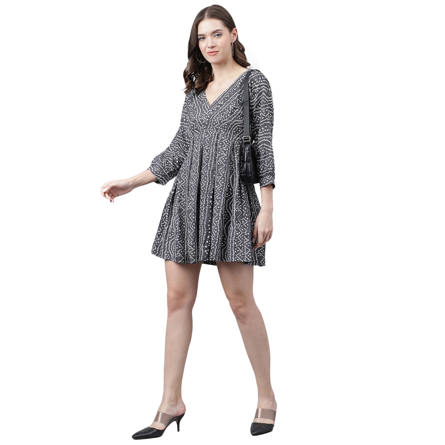 Women's Grey & White Geometric Print Mini Dress – Tie-Up Back, Casual Summer Dress