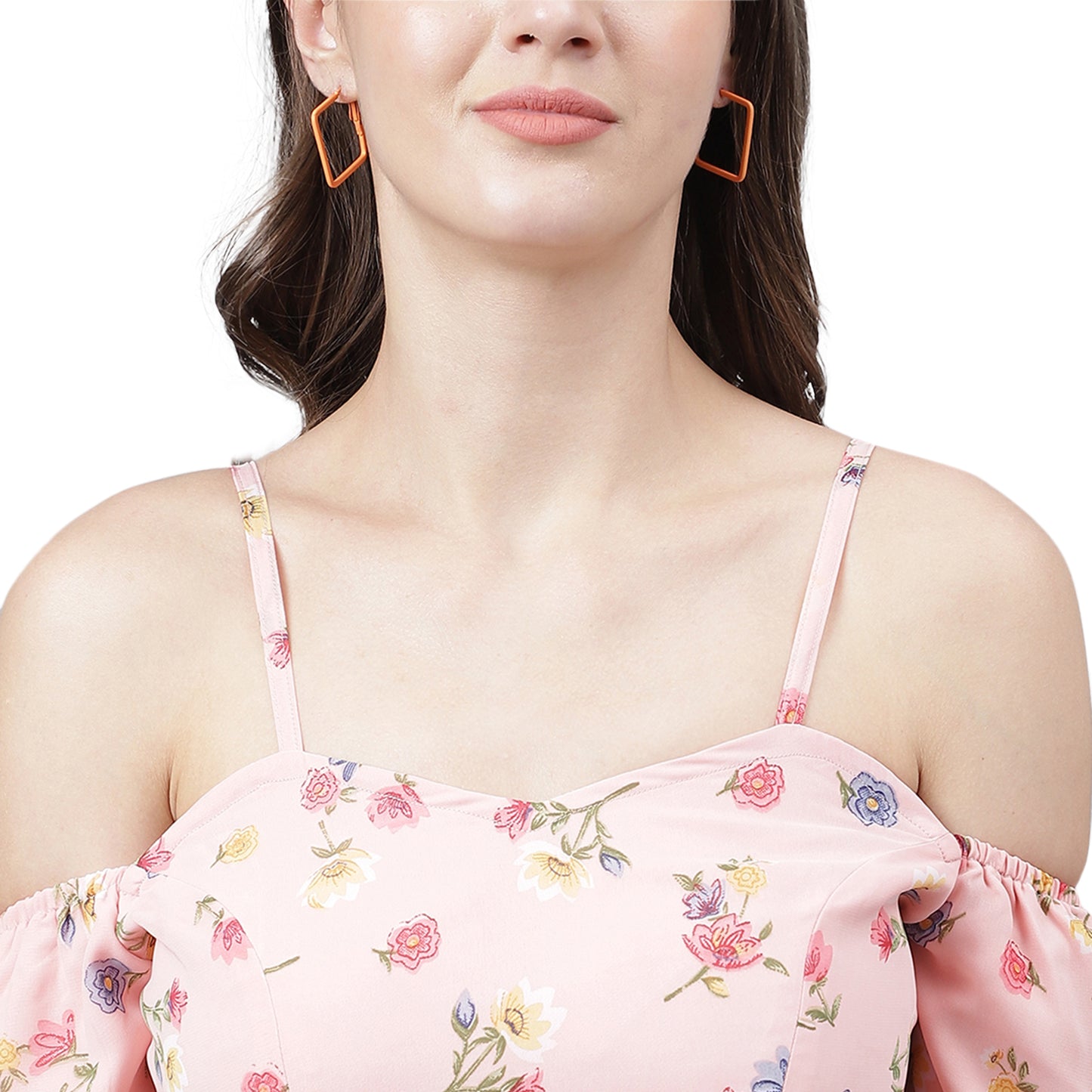 Women's Pink Floral Cold Shoulder Mini Dress – Ruffled Hem, Summer Casual Style