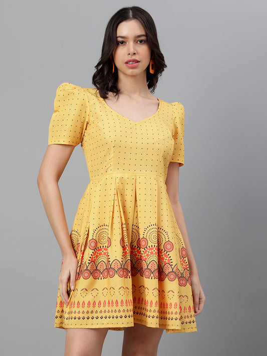 Women's Yellow Polka Dot Mini Dress – Puff Sleeves, Border Print, Summer A-Line Dress