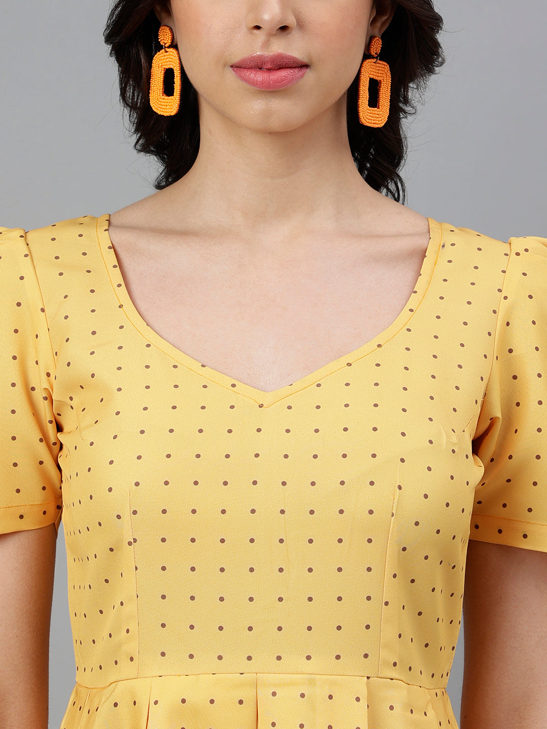 Women's Yellow Polka Dot Mini Dress – Puff Sleeves, Border Print, Summer A-Line Dress