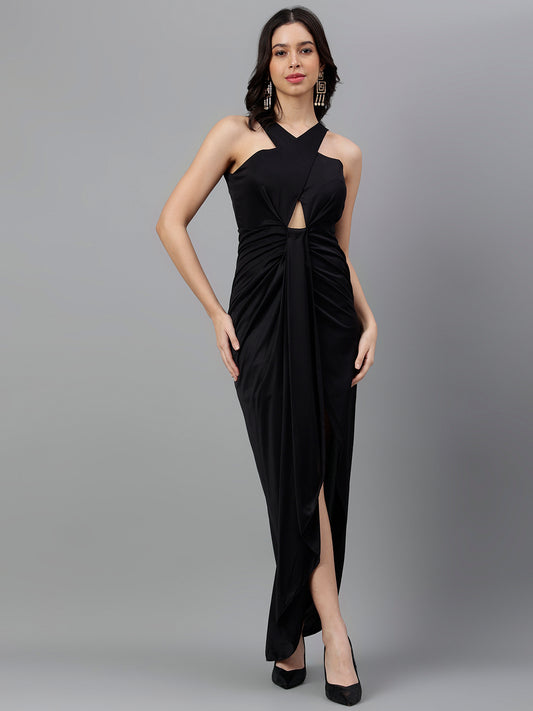 Trymisfit Women's Black Cotton Blend Maxi Co-ord Set – Halter Crop Top & Flowing Maxi Skirt | Elegant Indo-Western Two-Piece Set