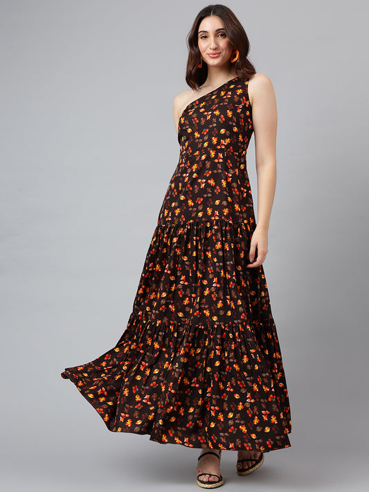 Trymisfit Brown & Orange Leaf Print One-Shoulder Tiered Maxi Dress – Lightweight Boho Style for Women