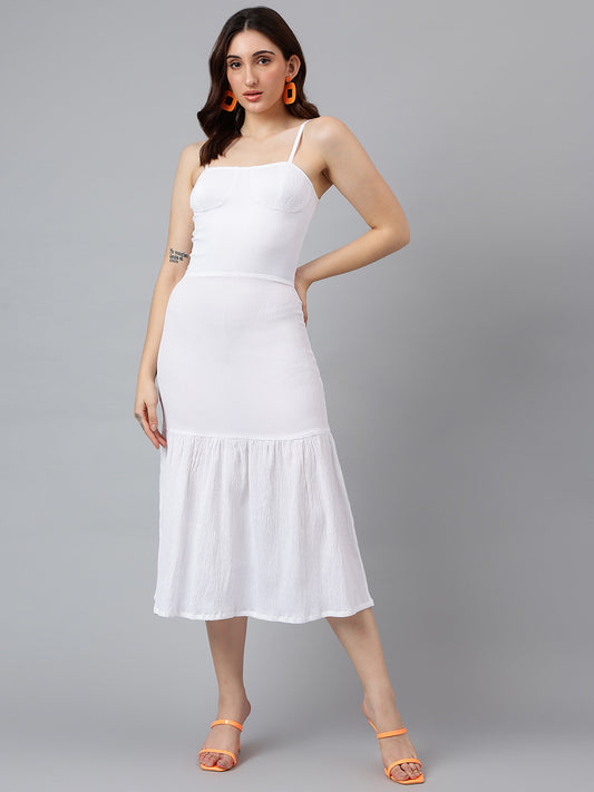 Trymisfit Women’s White Textured Strappy Midi Dress – Square Neck, Tie-Back, Ruffle Hem
