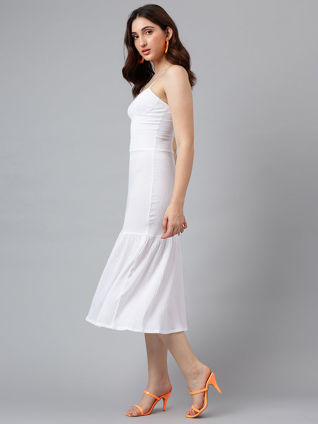 Trymisfit Women’s White Textured Strappy Midi Dress – Square Neck, Tie-Back, Ruffle Hem
