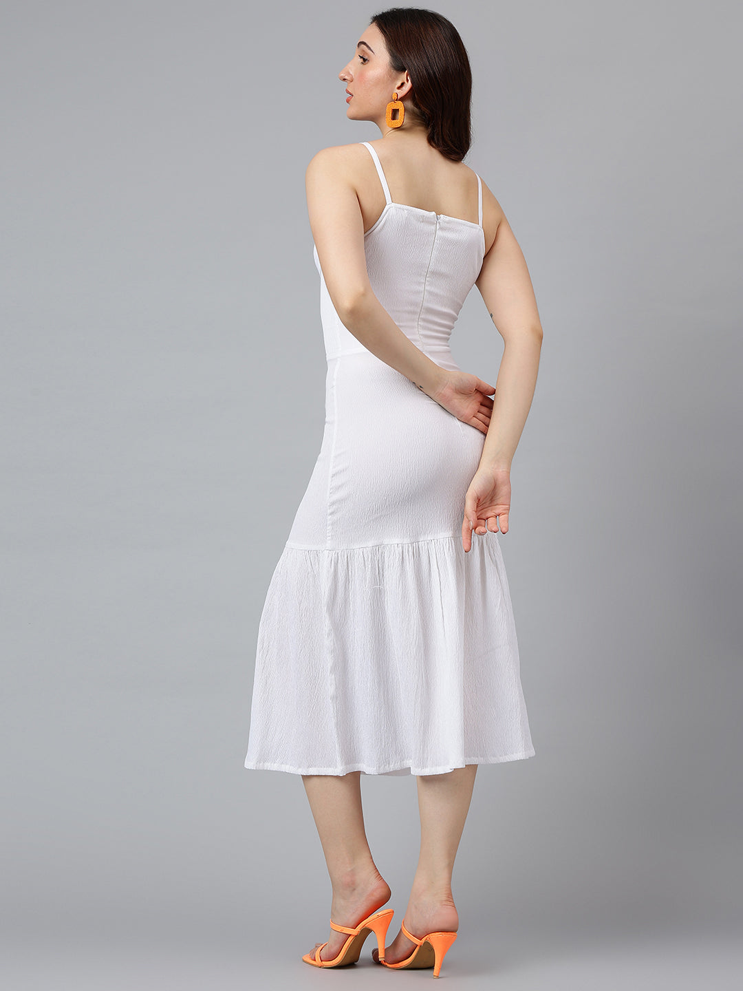Trymisfit Women’s White Textured Strappy Midi Dress – Square Neck, Tie-Back, Ruffle Hem