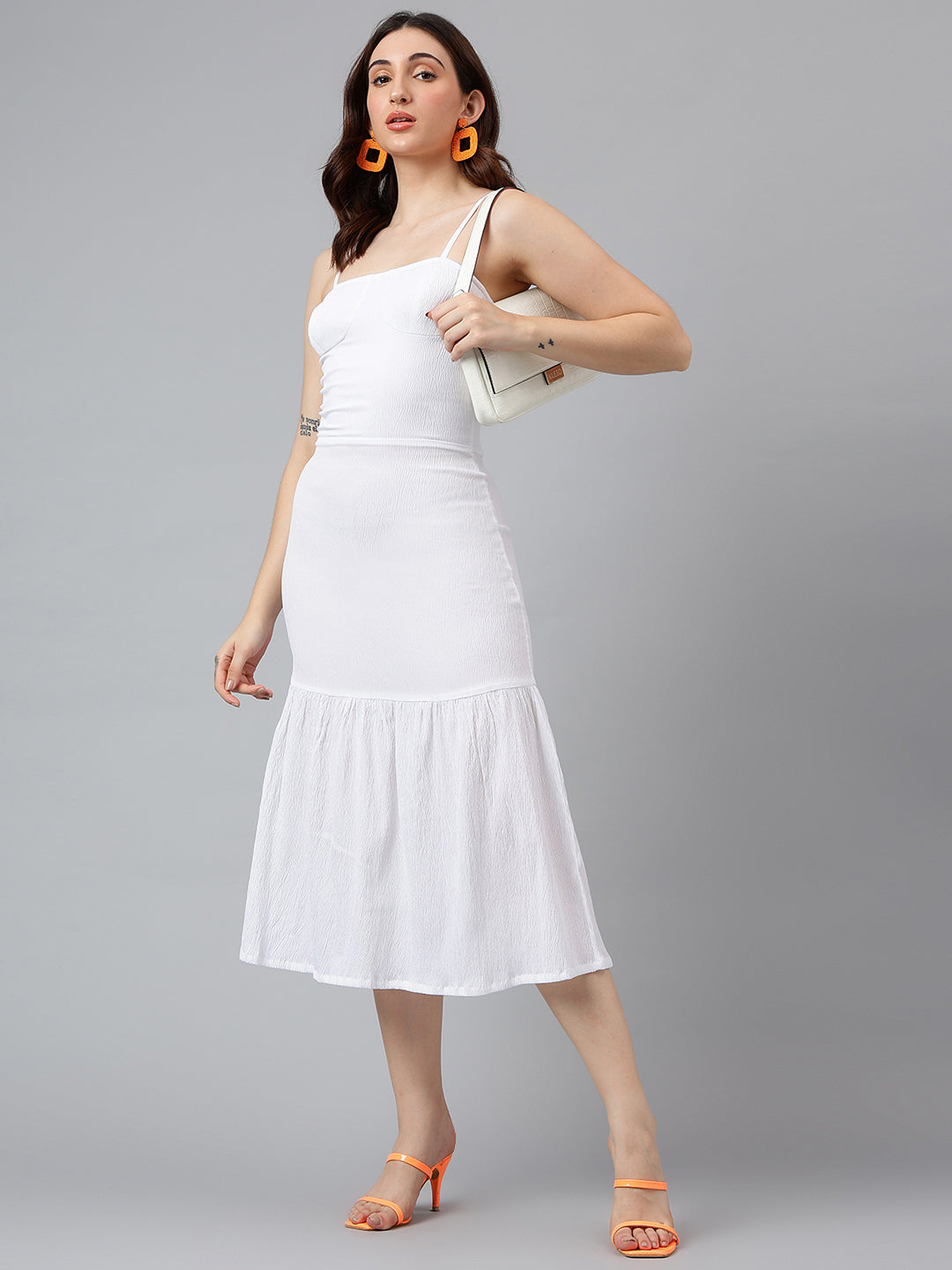 Trymisfit Women’s White Textured Strappy Midi Dress – Square Neck, Tie-Back, Ruffle Hem