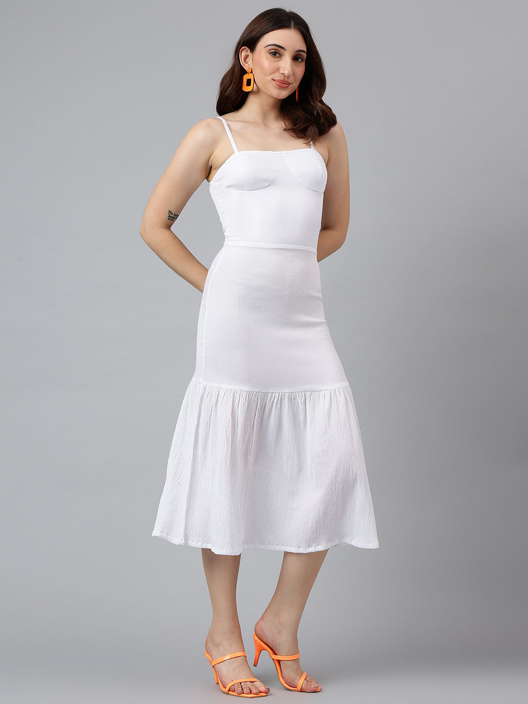 Trymisfit Women’s White Textured Strappy Midi Dress – Square Neck, Tie-Back, Ruffle Hem