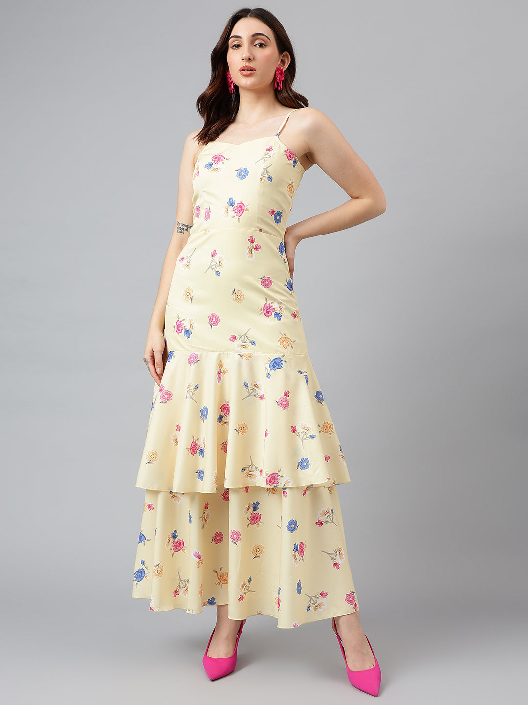 Trymisfit Pink Leaf Print Cut-Out Maxi Dress – Tiered Skirt, Adjustable Straps, Front Knot Detail