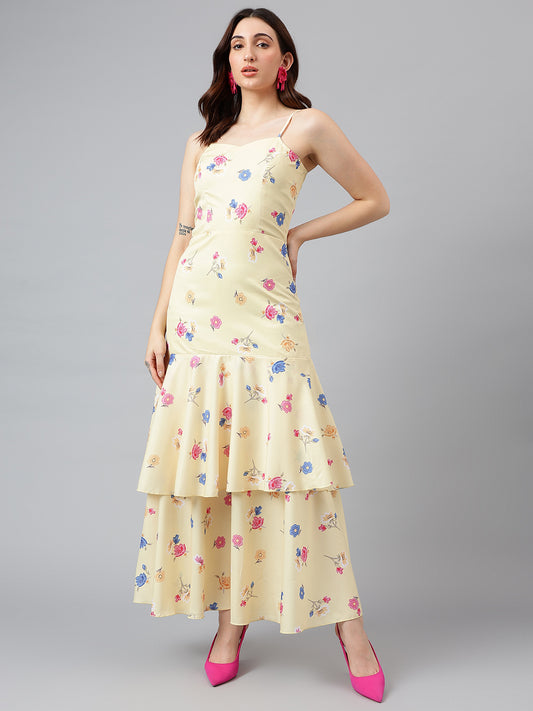 Trymisfit Pink Leaf Print Cut-Out Maxi Dress – Tiered Skirt, Adjustable Straps, Front Knot Detail