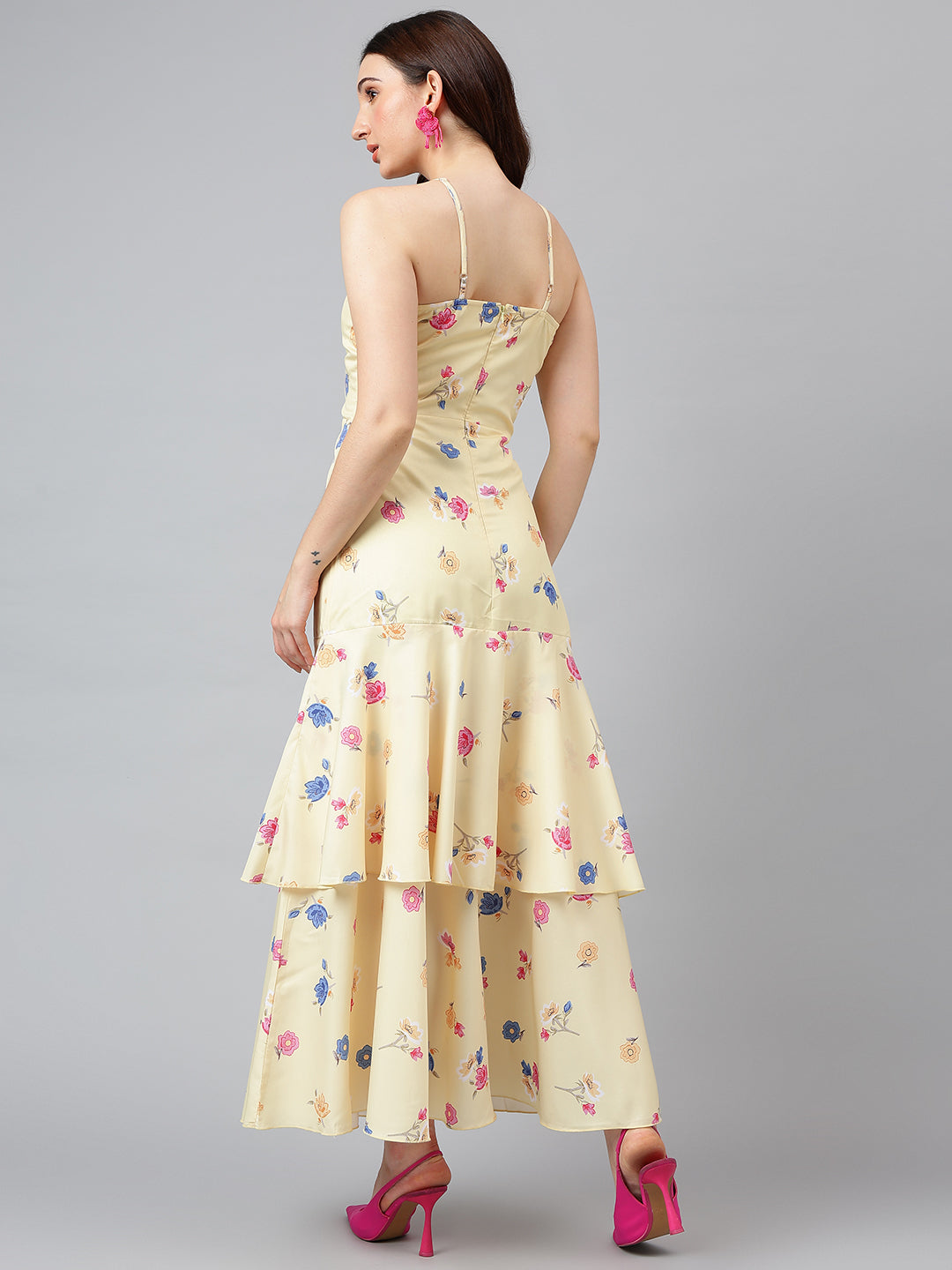 Trymisfit Pink Leaf Print Cut-Out Maxi Dress – Tiered Skirt, Adjustable Straps, Front Knot Detail