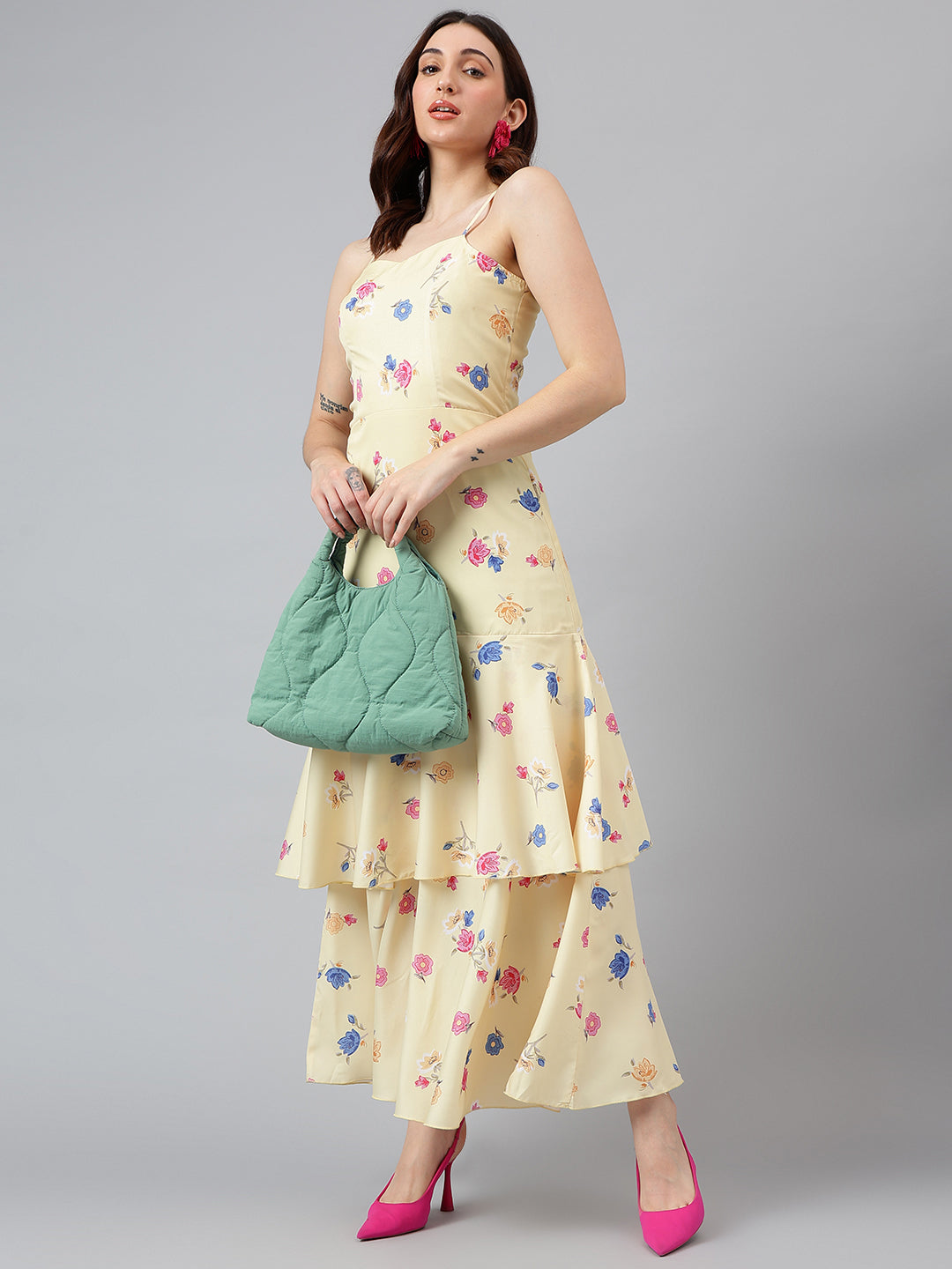 Trymisfit Pink Leaf Print Cut-Out Maxi Dress – Tiered Skirt, Adjustable Straps, Front Knot Detail