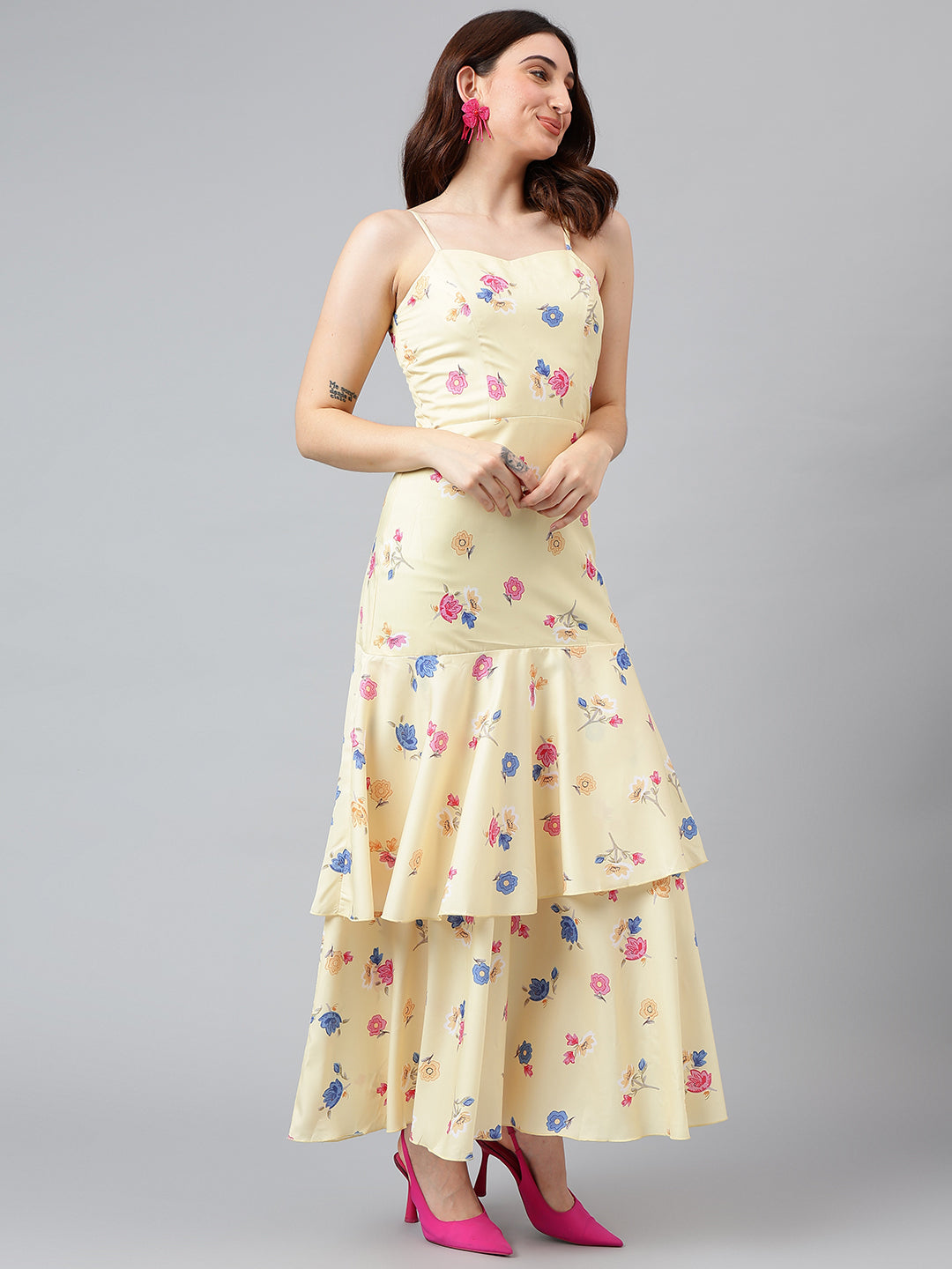 Trymisfit Pink Leaf Print Cut-Out Maxi Dress – Tiered Skirt, Adjustable Straps, Front Knot Detail