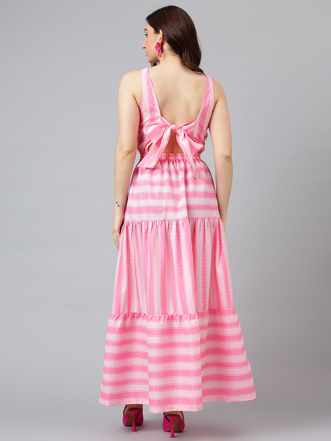 Trymisfit Pink & White Striped Cut-Out Maxi Dress – Front Knot & Back Bow, Tiered Flared Skirt