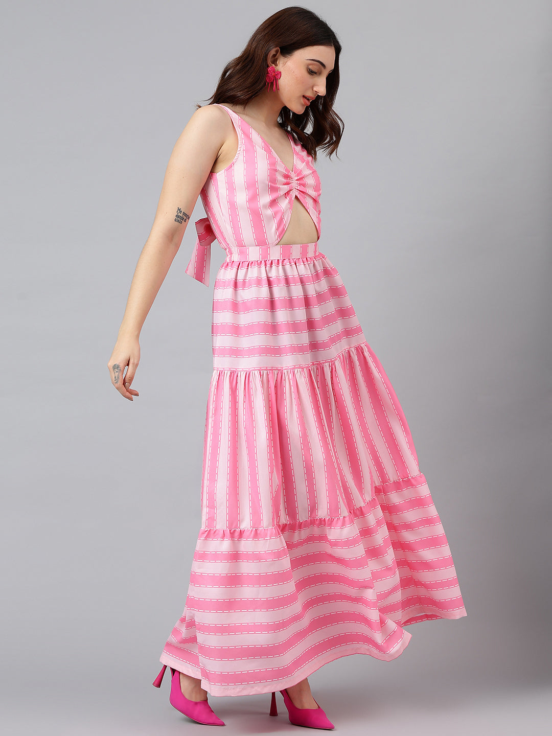 Trymisfit Pink & White Striped Cut-Out Maxi Dress – Front Knot & Back Bow, Tiered Flared Skirt