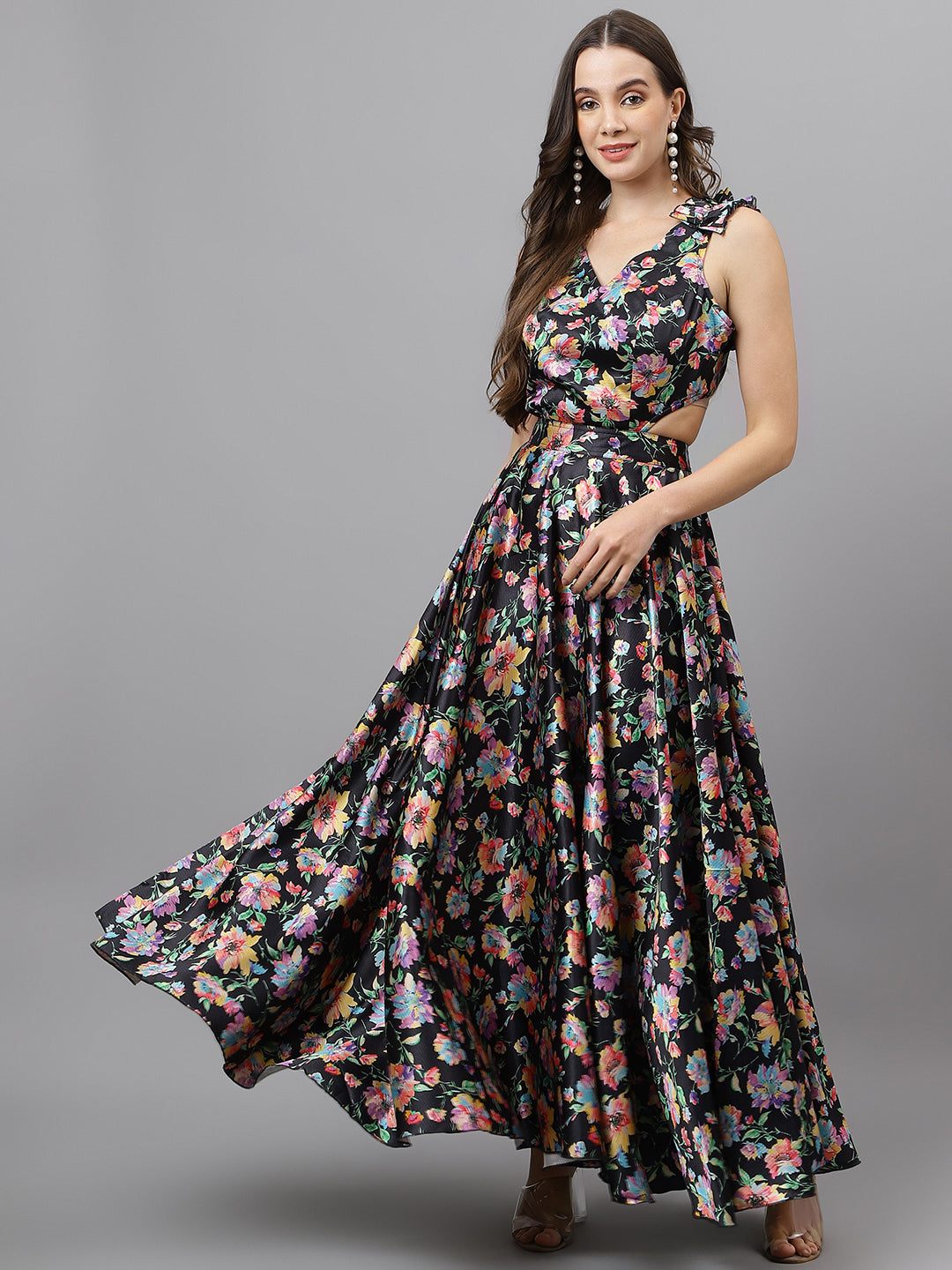Trymisfit Black Floral Satin Maxi Dress – Ruffle Shoulder Straps, Cut-Out Sides, Open Back