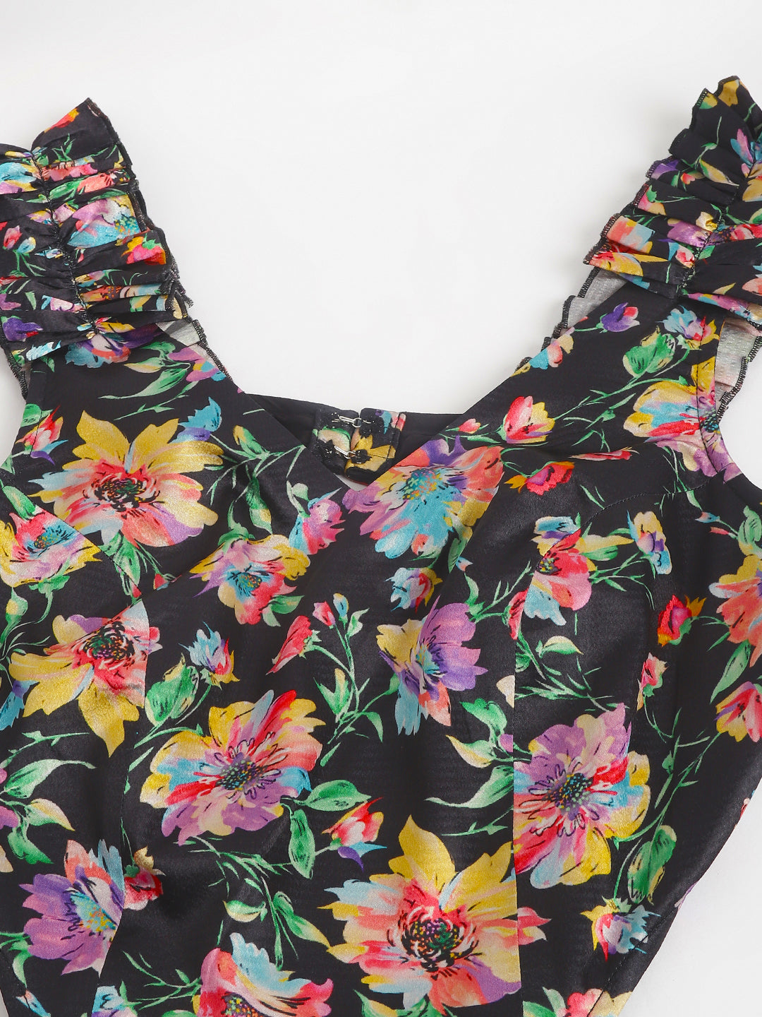 Trymisfit Black Floral Satin Maxi Dress – Ruffle Shoulder Straps, Cut-Out Sides, Open Back