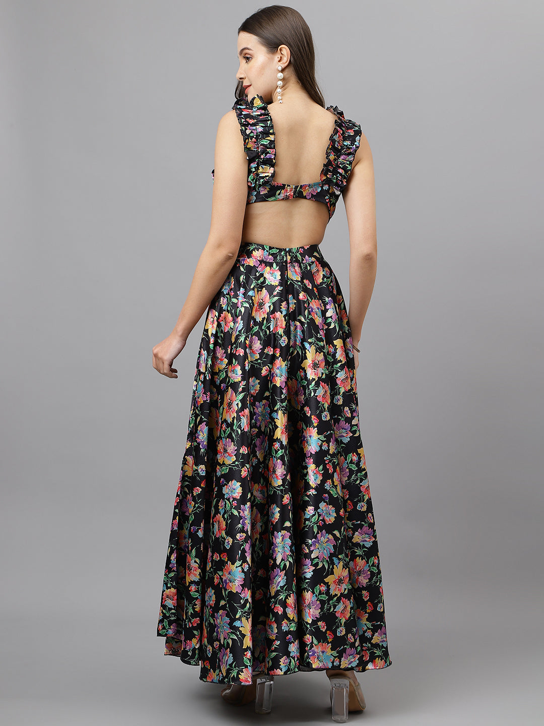 Trymisfit Black Floral Satin Maxi Dress – Ruffle Shoulder Straps, Cut-Out Sides, Open Back