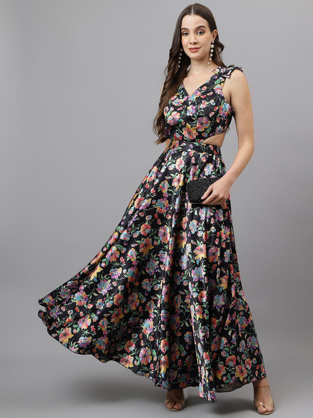 Trymisfit Black Floral Satin Maxi Dress – Ruffle Shoulder Straps, Cut-Out Sides, Open Back