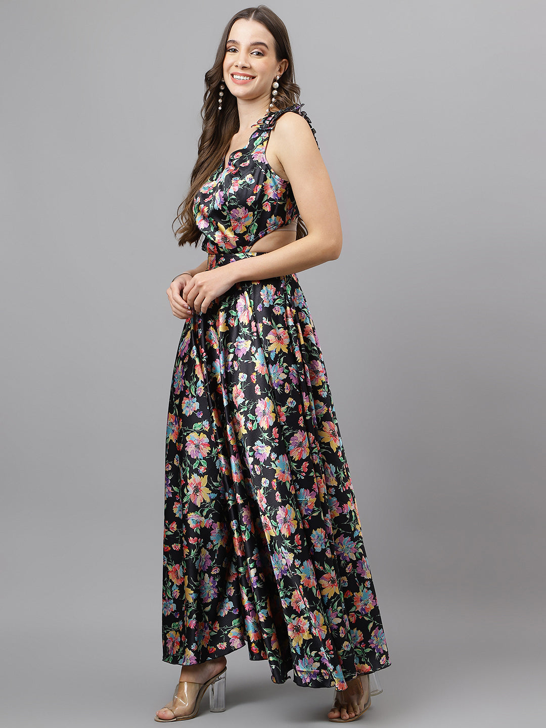 Trymisfit Black Floral Satin Maxi Dress – Ruffle Shoulder Straps, Cut-Out Sides, Open Back