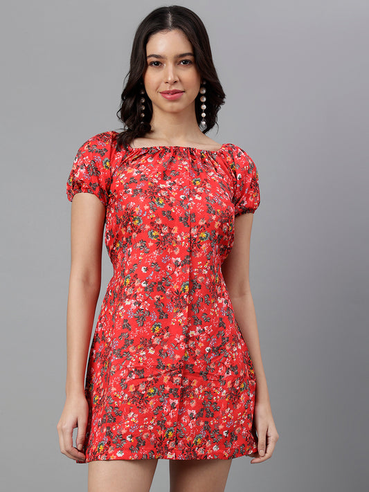 Red Floral A-Line Mini Dress with Puff Sleeves – Summer Casual Boho Style
