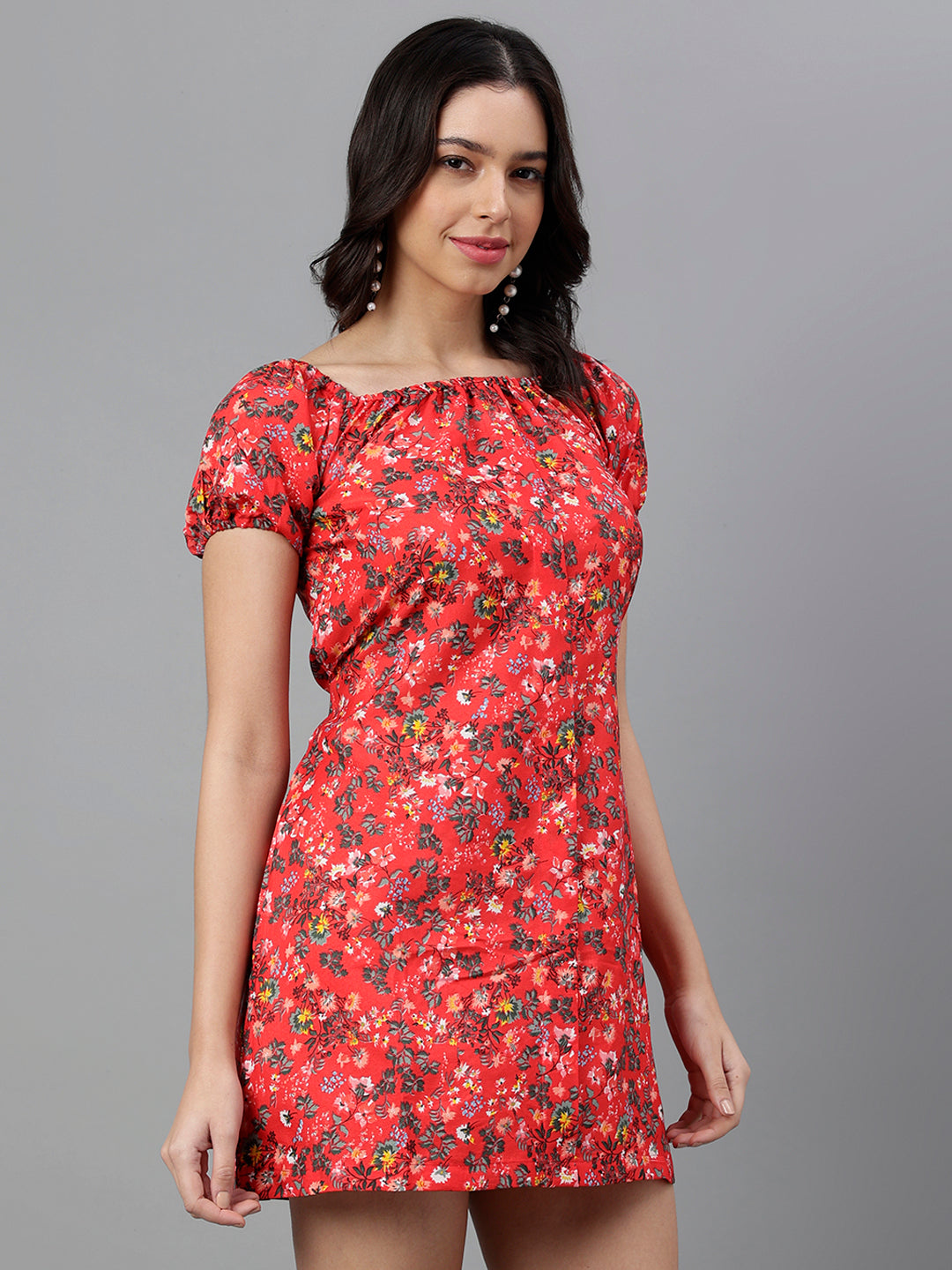 Red Floral A-Line Mini Dress with Puff Sleeves – Summer Casual Boho Style