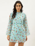 Aqua Blue Printed Cord Set Short Cotton Blended Dress
