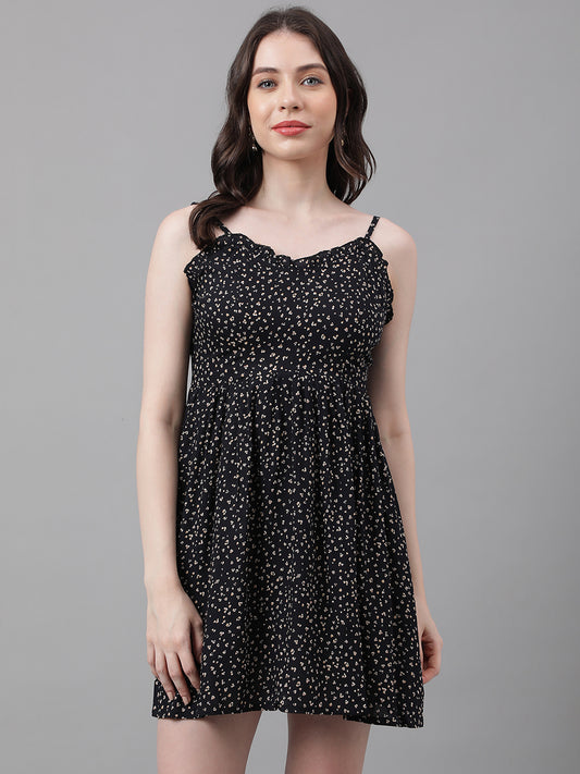 Women’s Black Mini Dress with Beige Abstract Print – Ruffle Neckline, Adjustable Straps, Fit & Flare Style