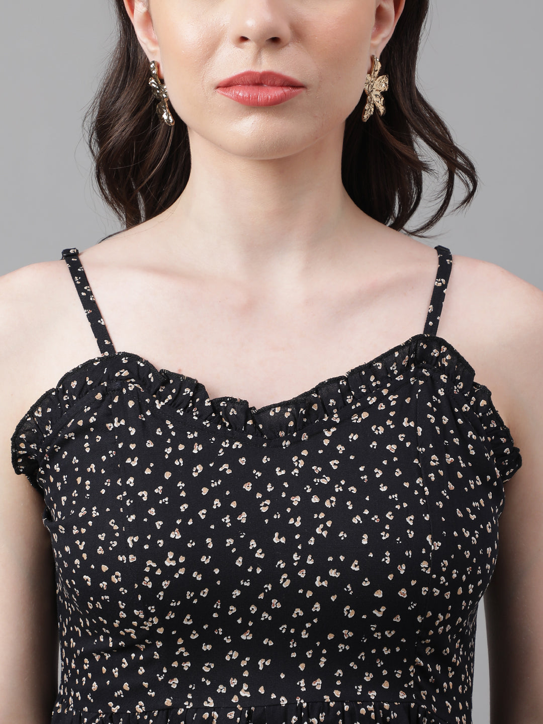 Women’s Black Mini Dress with Beige Abstract Print – Ruffle Neckline, Adjustable Straps, Fit & Flare Style