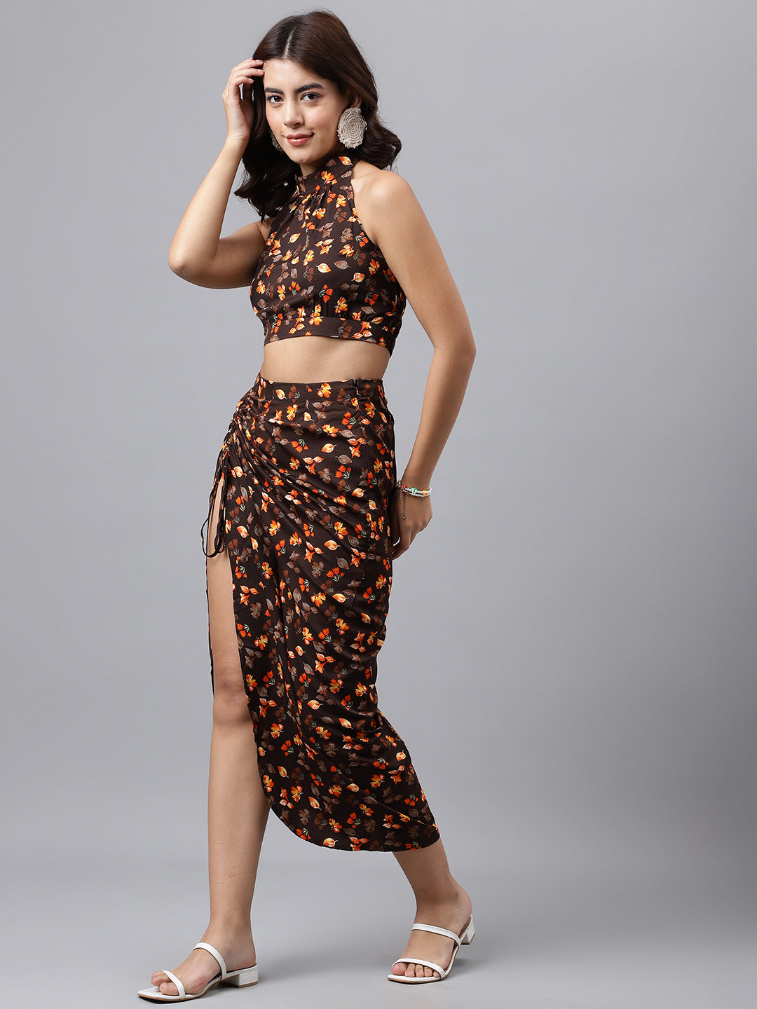 Brown Floral Halter Crop Top & Slit Skirt Co-ord Set – Two-Piece Vacation Outfit for Women