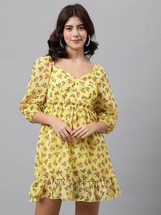Yellow Floral Sweetheart Neck Mini Dress – Puff Sleeves, Ruffle Hem, A-Line Fit