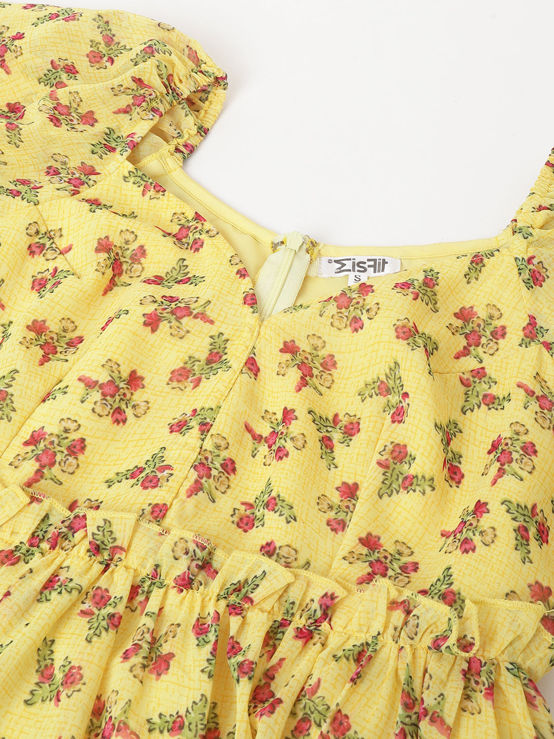 Yellow Floral Sweetheart Neck Mini Dress – Puff Sleeves, Ruffle Hem, A-Line Fit
