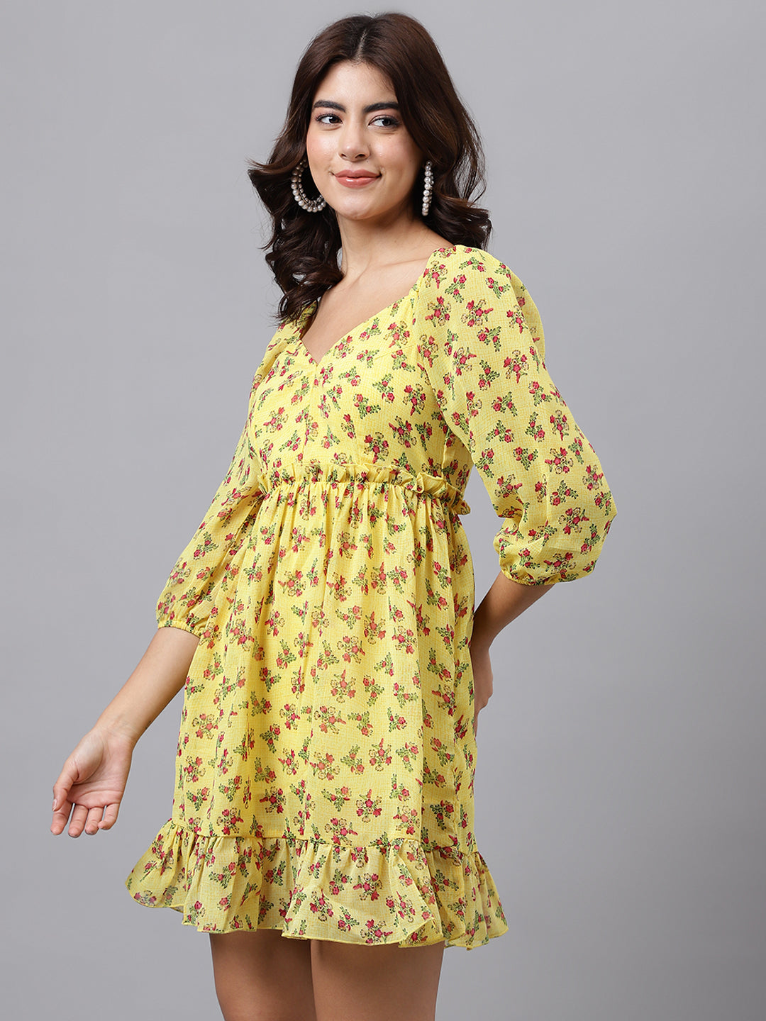 Yellow Floral Sweetheart Neck Mini Dress – Puff Sleeves, Ruffle Hem, A-Line Fit