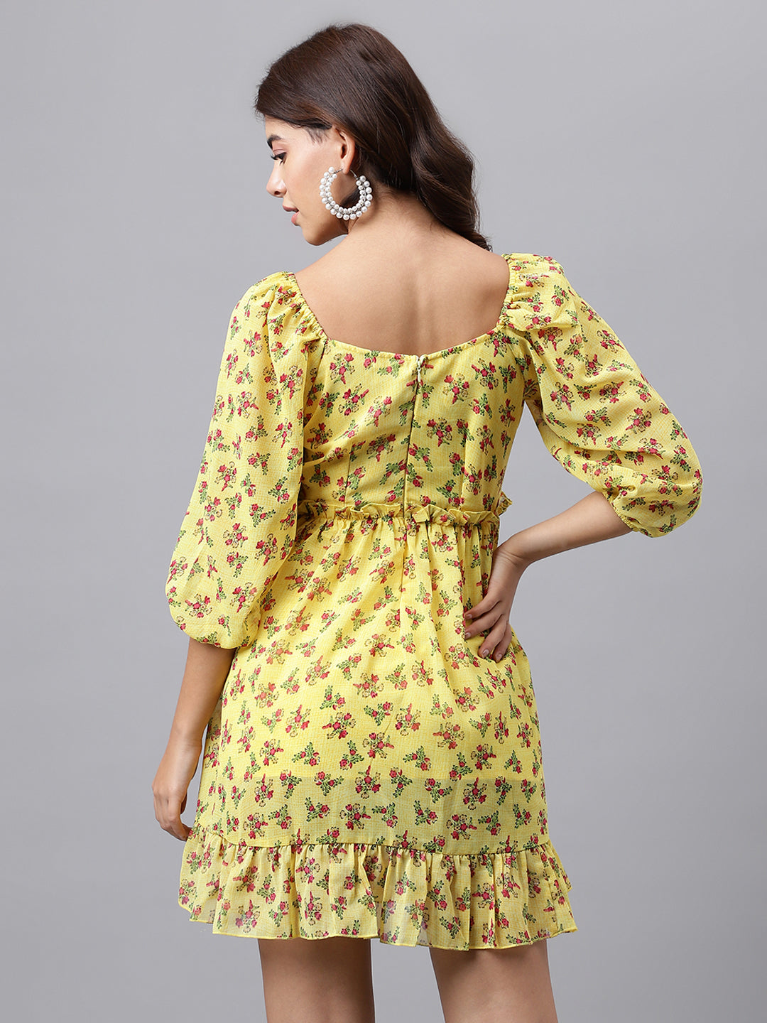Yellow Floral Sweetheart Neck Mini Dress – Puff Sleeves, Ruffle Hem, A-Line Fit