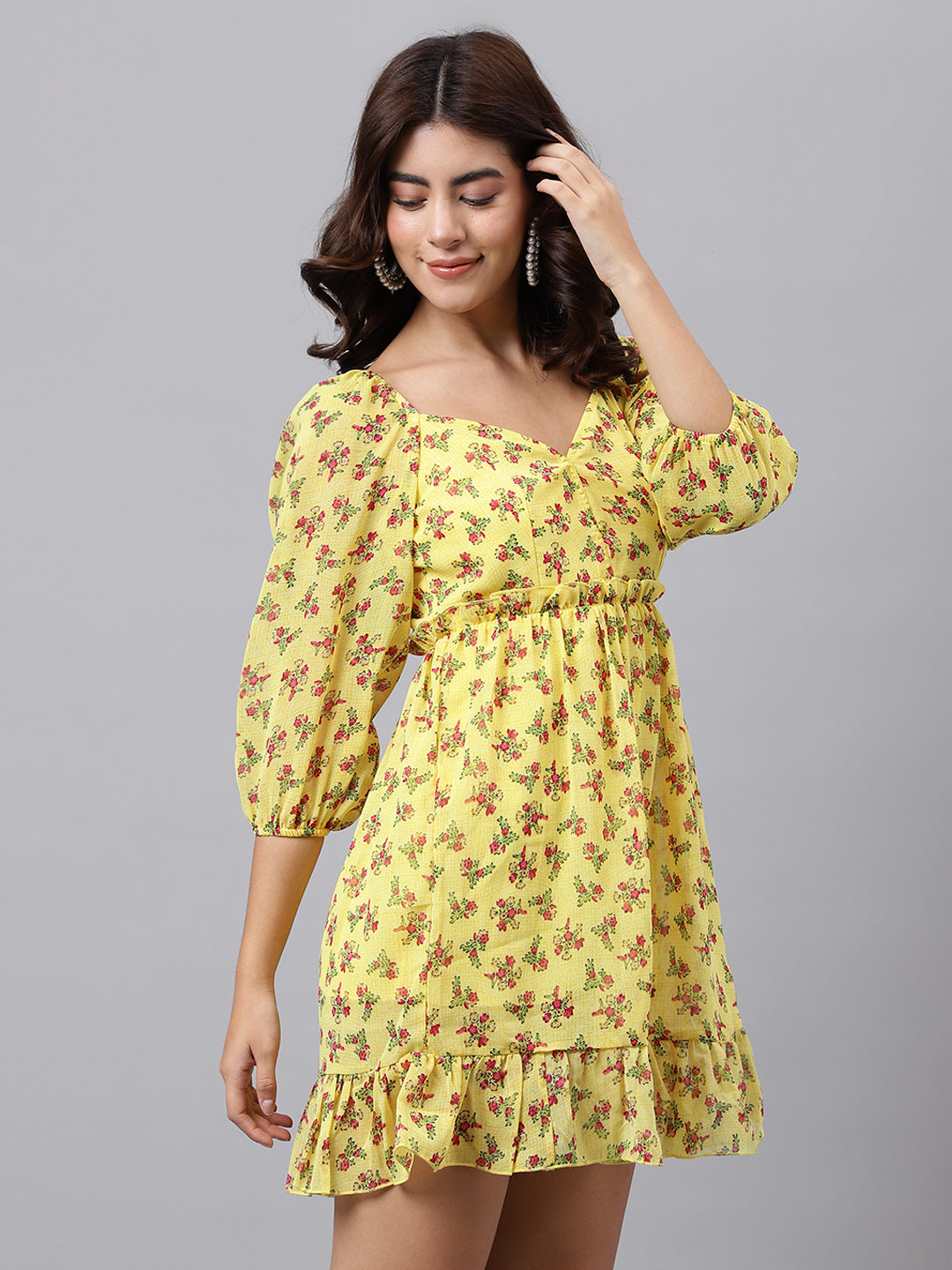Yellow Floral Sweetheart Neck Mini Dress – Puff Sleeves, Ruffle Hem, A-Line Fit