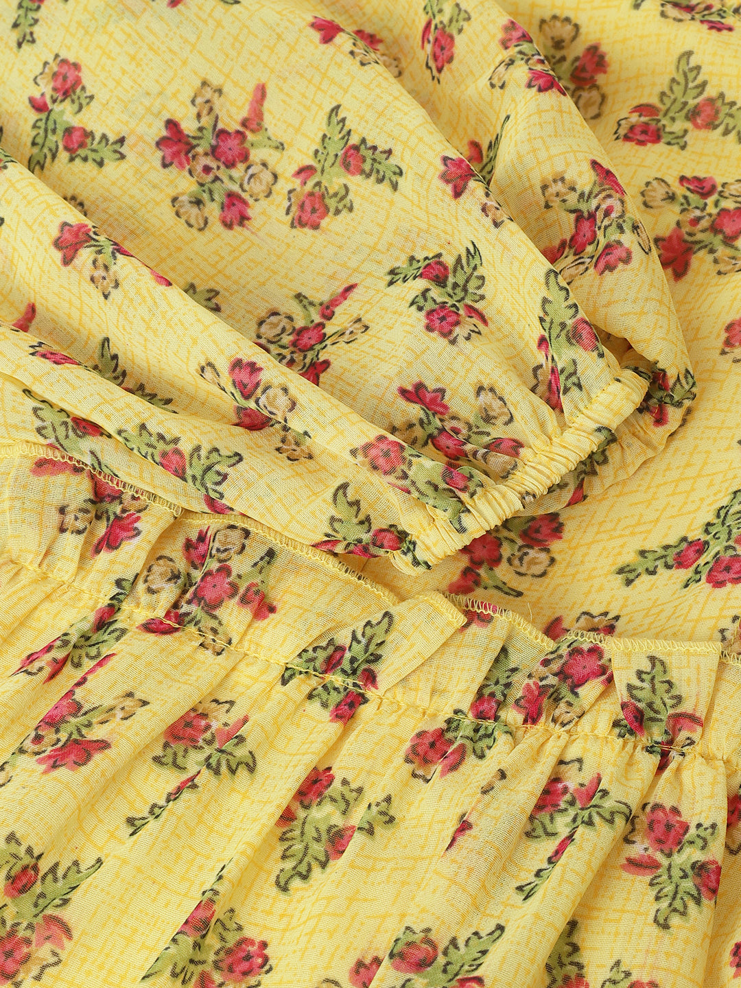 Yellow Floral Sweetheart Neck Mini Dress – Puff Sleeves, Ruffle Hem, A-Line Fit