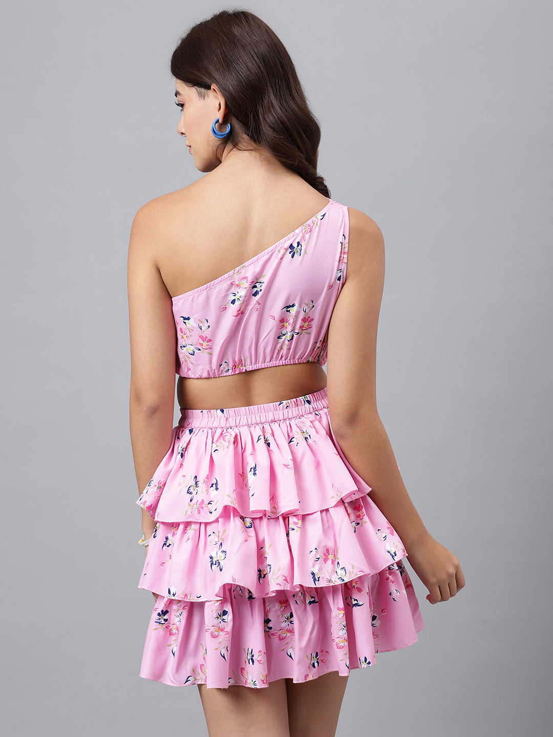 Pink Floral One-Shoulder Mini Dress – Cut-Out Waist, Tiered Ruffle Skirt, Summer Party Dress
