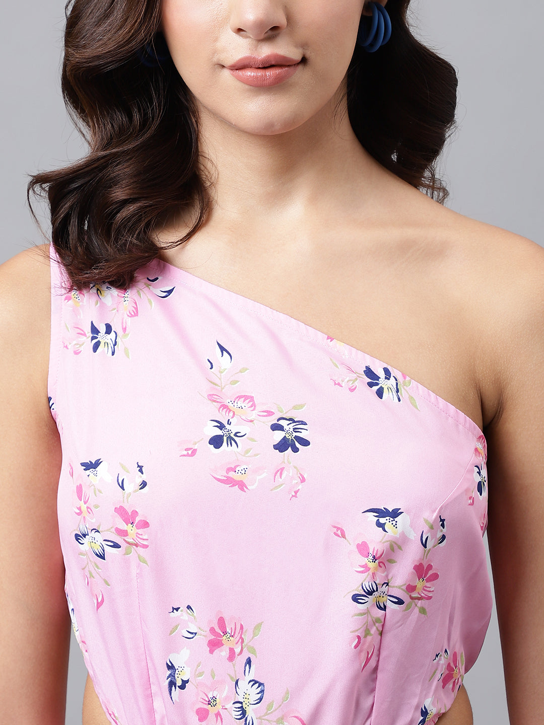 Pink Floral One-Shoulder Mini Dress – Cut-Out Waist, Tiered Ruffle Skirt, Summer Party Dress