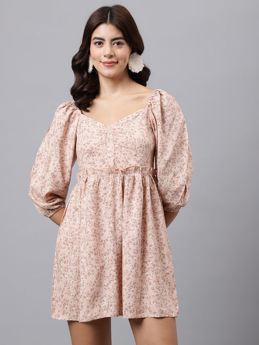 Blush Pink Abstract Print Mini Dress – Sweetheart Neckline, Puff Sleeves, A-Line Silhouette