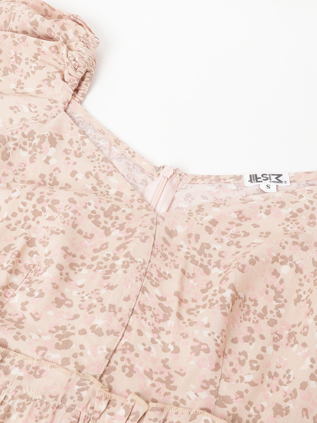 Blush Pink Abstract Print Mini Dress – Sweetheart Neckline, Puff Sleeves, A-Line Silhouette